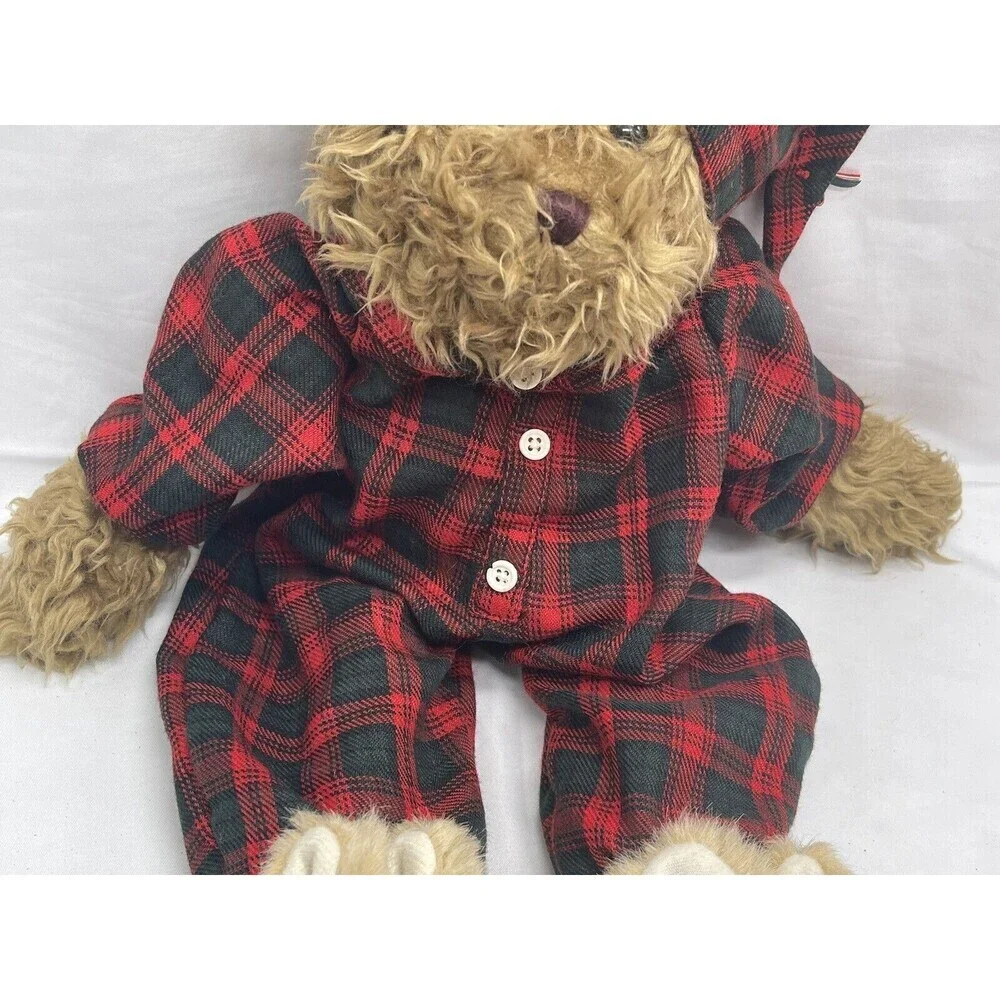 Vintage Teddy Bear in Plaid PJ bunny slippers sleeping cap red Stuffed Animal